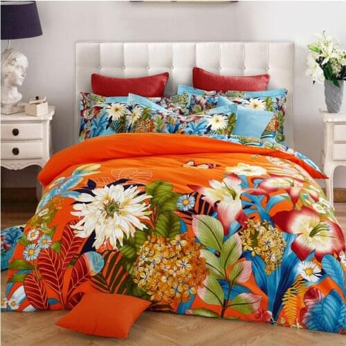 100% Cotton Sanding Printed Flower Bedding Set Wedding Bed Sheet set Duvet Cover Pillowcase Queen King 4pcs colorful orange red