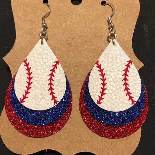 Latest 3D Baseball Three Layer Faux Leather Teardrop Vinyl Earrings Color Layered Team Cheer Glitter Sequins Water Drop Earrings