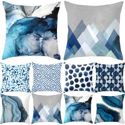 New Cotton Linen Blue Simple Pattern Pillow Cases Sofa Car Waist Throw Cushion Cover Home Office Decor