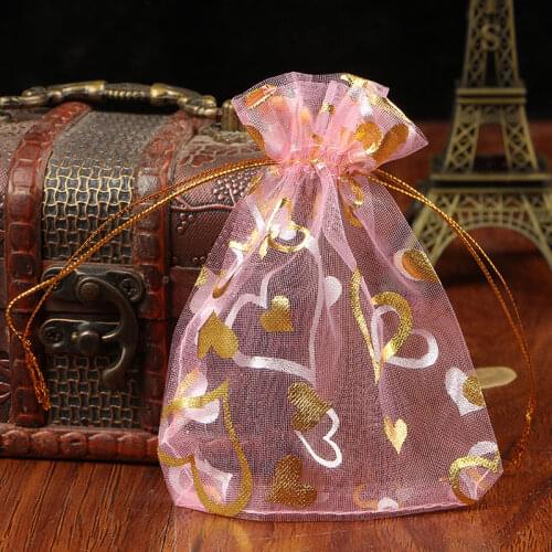 Wholesale 15x20cm Christmas Wedding Voile Gift Bag Gold Heart Organza Bag Jewelry Packing Drawstring Pouch Custom Gift Bag