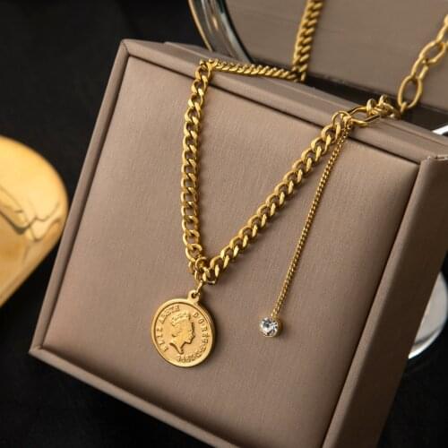 316L Stainless Steel New Fashion Upscale Jewelry Zircon Tassel Queen Coin Charms Thick Chain Choker Necklace & Pendant For Women