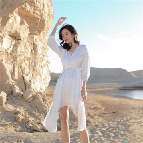 DUISNENA boho dress v-neck white women dresses belt waist irregular swing holiday robe vestidos