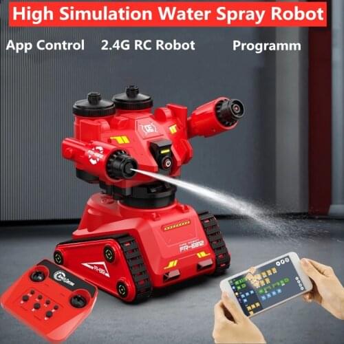 2.4G Remote Control Water Spray Robot With Simualtion Fire Fighting Music Light Phone Control Robot Programm Arm Rotation RC Toy