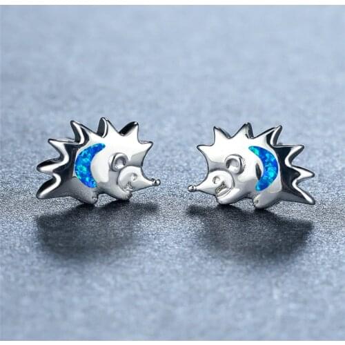 White Blue Opal Stone Animal Earrings Creative Cute Small Hedgehog Stud Earrings Vintage Silver Color Wedding Earrings For Women