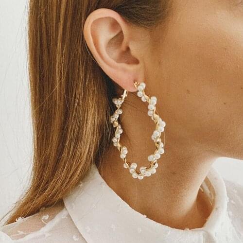 Tocona Luxury White Pearl Hoop Earrings for Women Big Round Geometric Gold Alloy Metal Punk Earrings Jewelry Accessories 14851