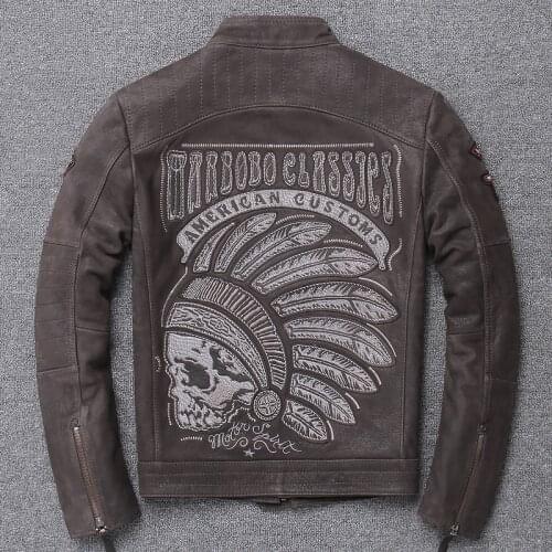 YR!Free shipping.Wholesales.Brand motor biker genuine leather jacket.Indian embroidery cow leather coat.plus size slim jackets