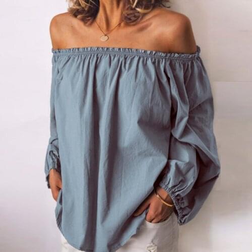 Womens Sexy Off Shoulder Long Sleeve Shirt Fashion Casual Loose Solid Color Tops Pleated T-Shirt Slash Neck Cotton Linen Shirt