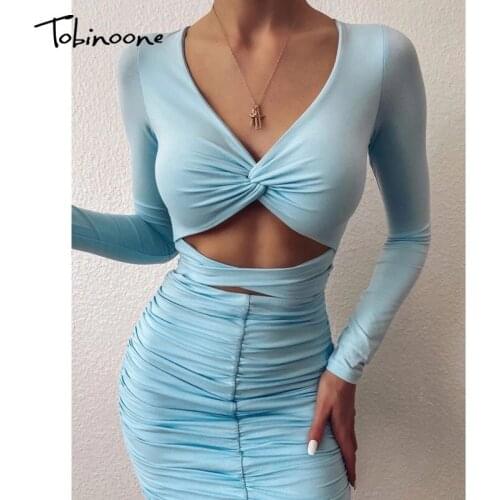 Tobinoone Hollow Out Bandage Party Dress Women Long Sleeve Autumn Winter Dress Deep V Neck Bodycon Backless Sexy Dresses 2020