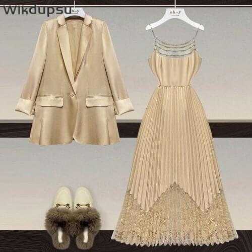 Dress Suits For Women Fashion Luxury Sexy Blazer Suit Jacket Top and Strap Pleated Long Dress Spring Summer Fall Two Piece Sets