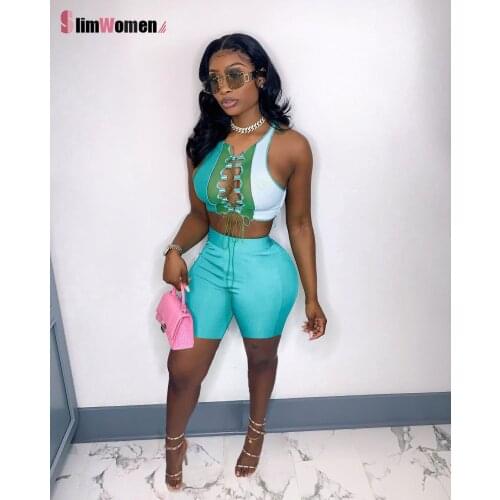 Summer Clothes Cross Bandage Y2k Sleeveless Crop Top + Neon Bike Shorts Streetwear for Women Outfits Sexy Women Two Piece Set