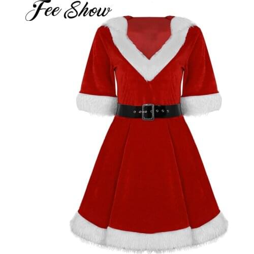 Womens Mrs Claus Fancy Santa Costume Christmas Dress Velvet V Neck Hooded Sexy Cosplay Naughty Costume Winter Party Sissy Dress