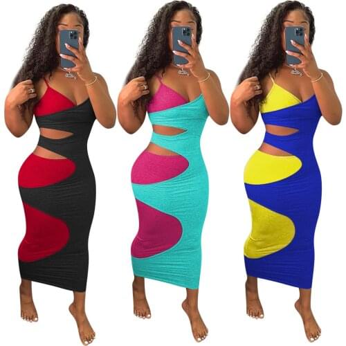 Women Dress Spaghetti Strap V Neck Color contrast Hollow out Bodycon Elastic Ankle Length Midi Long Dresses Sexy Night Party