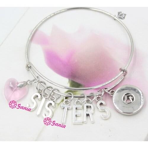10PCS/LOT Newest Pink Crystal Heart Initial Letter SISTER Charms Expandable Wire Bangle Bracelets Fit DIY Snap Jewelry