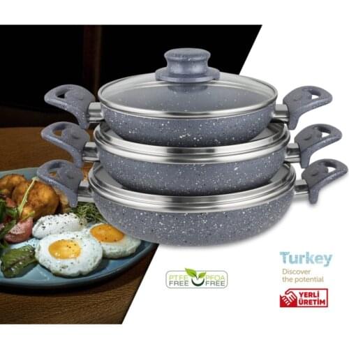 18-20-22cm Double Handle Cover Gray Granite 3 Pcs Omlet/sahan Pan Set