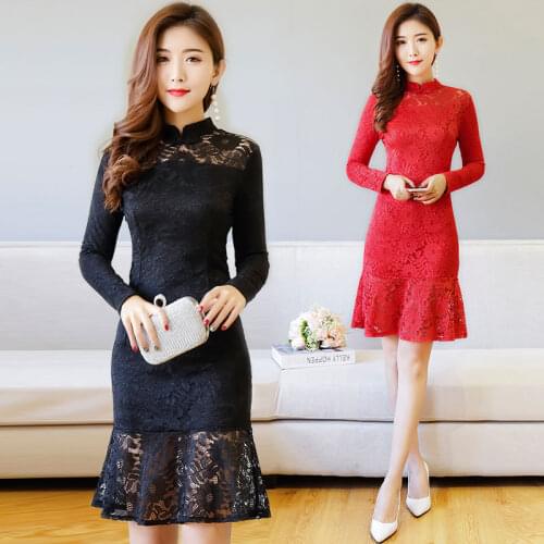 2018 Spring and summer new womens long section lace hook flower dress cheongsam-style semi-high collar Slim fishtail dress