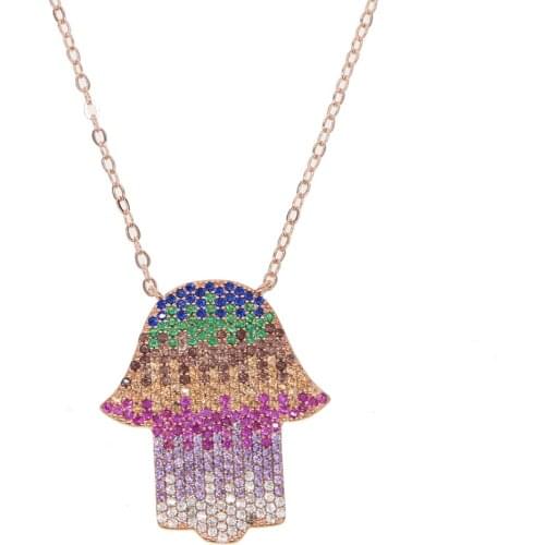 2019 new arrived Bohemia colorful cz paved hamsa hand Turkish evil eye design big Hand Boho fashion necklace