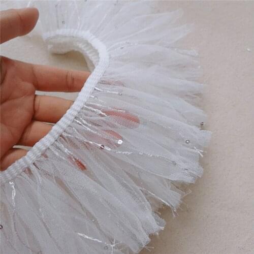 9cm 3meters/lot white mesh and tassel silver sequins lace trimming fringe for child baby doll garment decoration X622