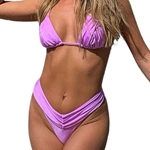 Bikini 2021 woman Pleated High Cut Backless Lacing Bra Thong Two Piece Swimming Suit Bikini for Beach Summer купальники женские