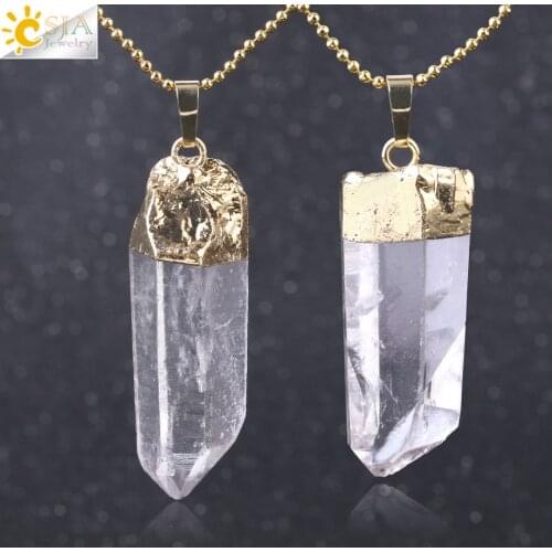 CSJA Irregular Natural Crystal Pillar Pendants Healing Clear Quartz Necklace Gold Color Necklaces for Women Men Random Size F804