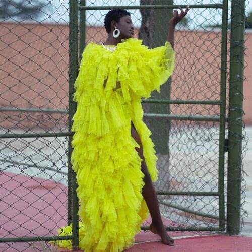 Custom Made Long Prom Dresses Tiered Tulle Evening Dresses Half Sleeves Split Party Dress Floor Lenght Formal Women Gowns 2021