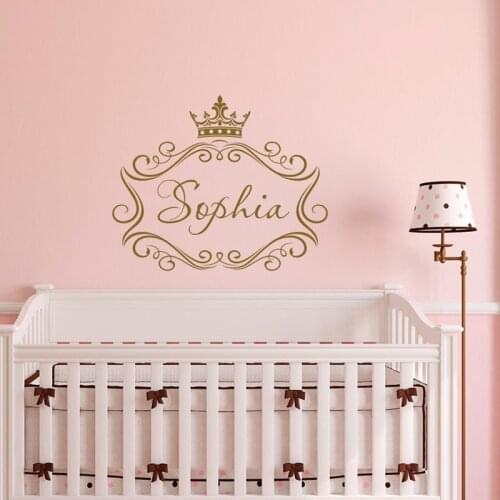 Name Vinyl Wall Decal Girl Personalized Princess Crown Frame Custom Decal Nursery Kids Baby Girls Room Bedroom Decor A1-059