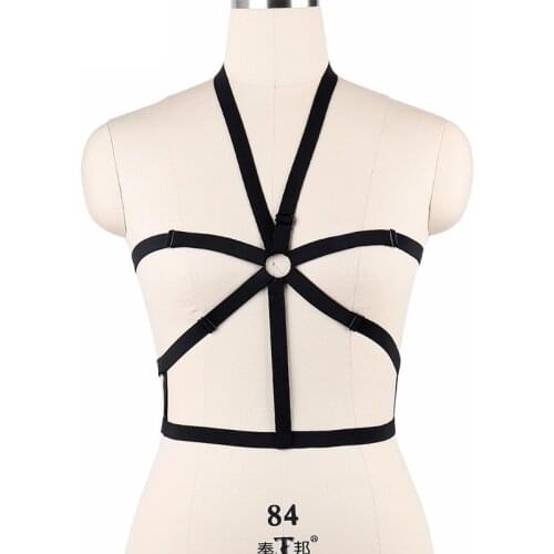 JLX.HARNESS Rave Wear Black Body Harness Gothic Cage Bra Women Cupless Bondage Bra Fetish Wear Crop Top Bodysuit O0107