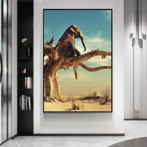 Funny Art Elephant Sit on Tree Branch Canvas Painting Nordic Animal Posters and Prints Wall Pictures for Living Room Home Decor