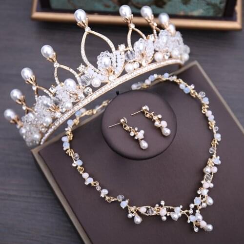 Baroque Vintage Gold Crystal Pearls Bridal Jewelry Set Noble Rhinestone Wedding Jewelry Sets Necklace Earrings Tiaras Crown Set