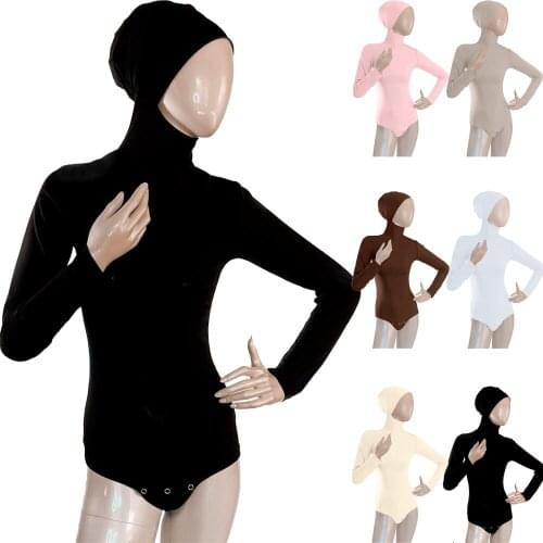 Women Undershirt Tops Jumpsuits Bodycon Stretch Solid Color Muslim Bodycon Shirt Hooded Elastic Sunscreen Casual Arabic Islamic