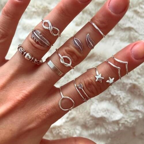 ALYXUY 12Pcs/Set Fashion Leaf Knot Arrow Geometric Star 8 Word Ring Set Vintage Knuckle Rings Women Wedding Gifts Jewelry