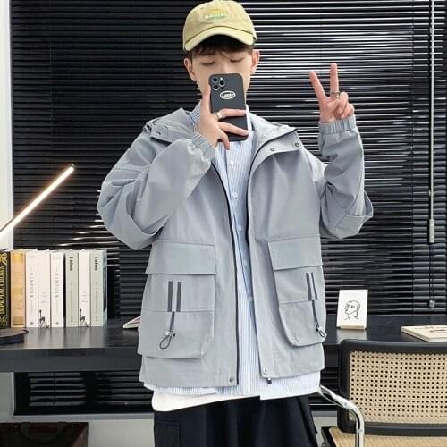 Mens Autumn Thin Loose Youth Casual Hooded Jacket Fashion Big Pocket Trendy Coat