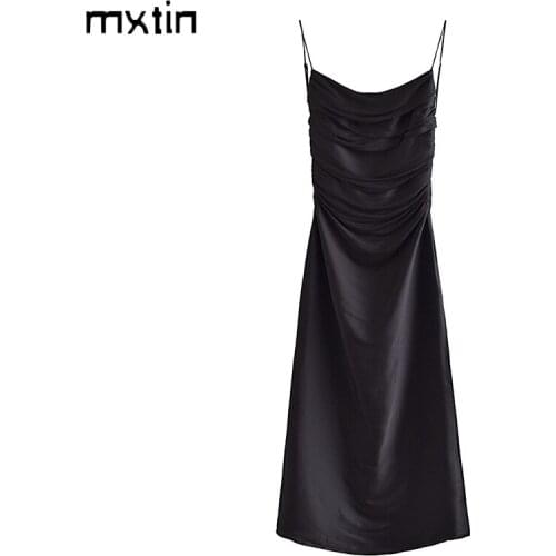 MXTIN 2021 Women Summer Fashion Solid Satin Midi Dress Vintage Sleeveless Backless Tin Tie Straps Female Party Dresses Vestidos