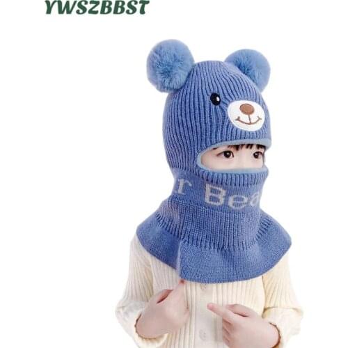 Cartoon Bear Pompom Ball Hat Winter Baby Hats Boys Girls Windproof Cap Knitted Baby Hat with Hooded Scarf Crochet Kids Head Cap