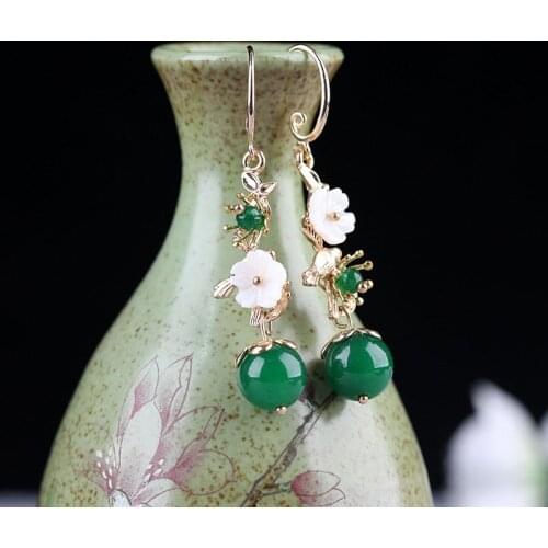 New ethnic vintage style earrings for girls, temperament long personality ins green stones earrings, high quality jewelry