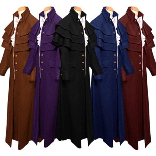 New Medieval Mans Stand Collar Button Coat Steampunk Frock Retro Gothic Victorian Three-piece Long Trench Uniform for Stage