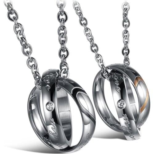 Couple Necklaces Puzzle Half Heart Real Love Double Circle Pendant Chain Stainless Steel Jewelry For Men Women