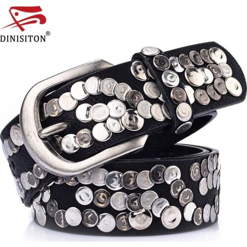 DINISITON Unisex Belt Genuine Leather Woman&Mens Rivet Metal Plate Punk Female Cowhide Hip-Hop Rock Strap Cinto Ceinture CM003