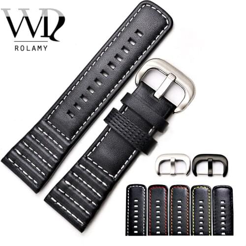 Rolamy 28mm Real Calf Leather Replacement Wrist Watch Band Strap Belt With Silver Black Buckle For Seven Friday Invicta