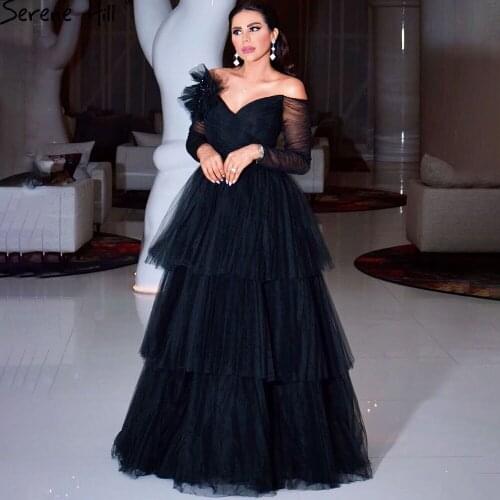 Serene Hill Black Tiered Sexy Evening Dresses Gowns 2021 Long Sleeves A-Line For Women Party LA70065