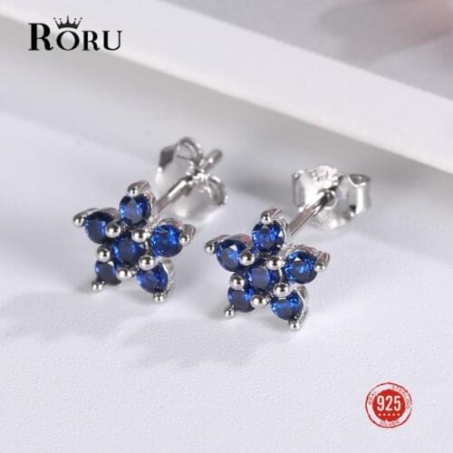 Real S925 Silver Blue Stone Stud Earrings Sapphire Star Flower Shape Small Jewelry Gift for Women Girls Earrings Amethyst 2021