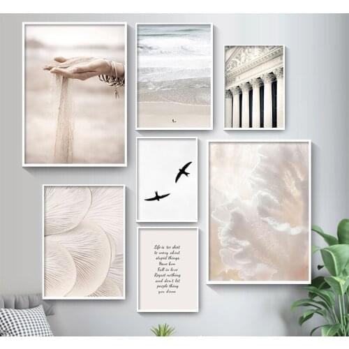 Modern Sand Falling Reeds Mushroom Birds Calm Beach Nordic Poster Art Print Canvas Painting Wall Pictures For Living Room Decor