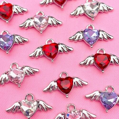 Zinc Alloy Mini Cute Crystal Heart Wing Charms 10Pcs Silver Color Metal Devil Heart Charm For DIY Hearts Earrings Accessories