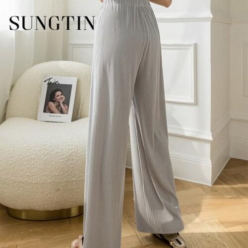 Sungtin Casual Loose Woman Wide Leg Pants Solid Pleated High Waist Thin Buttons Elastic Waist 4 Colors Long Lady Pants New 2021