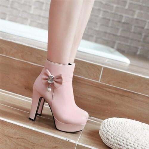 YQBTDL Autumn Sweet Princess Sweet Black High Heels Boots Women Platform Lolita Shoes Butterfly-knot Bead Ladies Ankle Boots 43