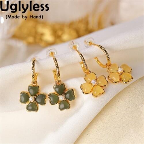 Uglyless Opal Clover Jewelry Sets for Women Nature Jade Balls Pendants +Chains Real 925 Silver Floral Necklaces + Earrings P1013