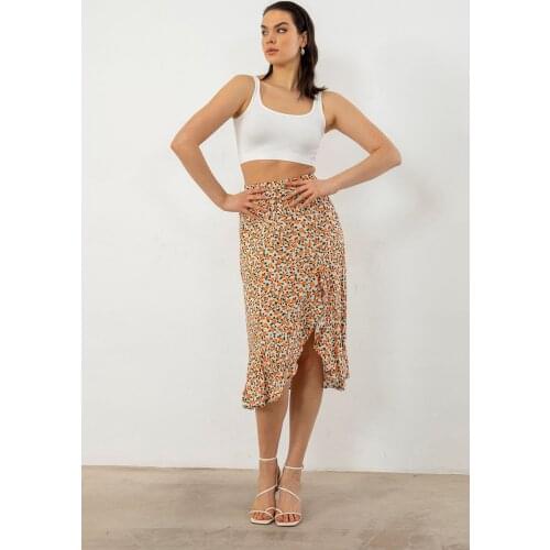 Flower Print Ruffle Summer Women Midi Skirts Women 'S Clothing Fashion Girls Cute Kawaii Skirts For Ladies Streetwear Slim Bottoms