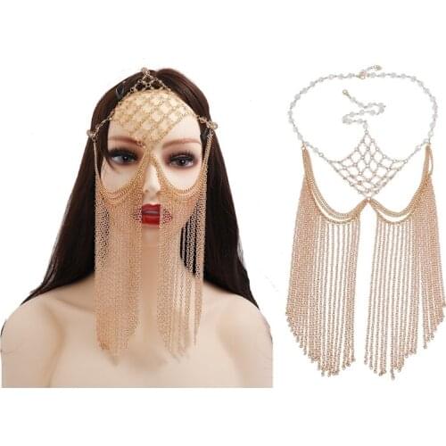 Women Crystal Beading Masquerade Veil Metal Tassel Face Chain Belly Dance Stage Cosplay Party Headband Festival Hair Jewelry