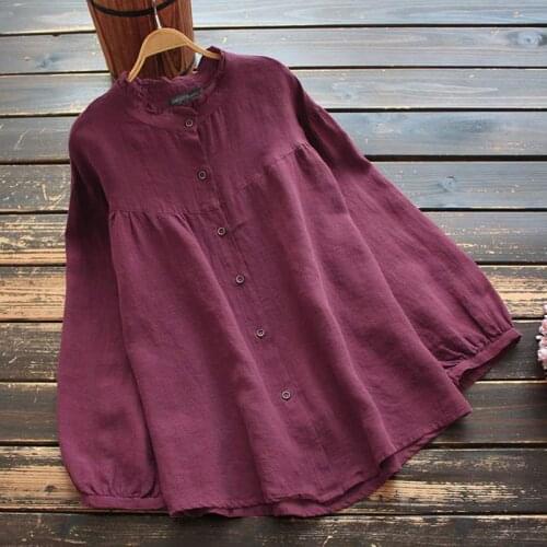 Women Vintage Cotton Linen Blouse ZANZEA 2021 Spring Tops Casual Long Sleeve Solid Shirt Loose Buttons Ruffles Blusas Tunic 5XL