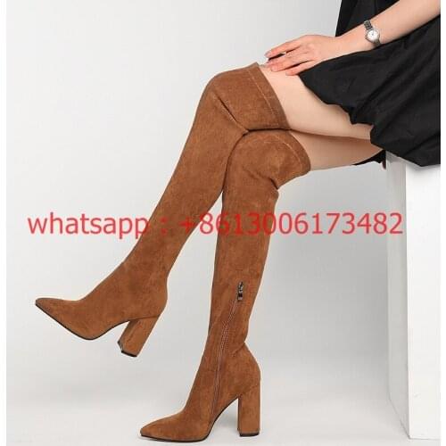 INS brown black red leopard plus size woman Pointed toe chunky high heel over knee boots