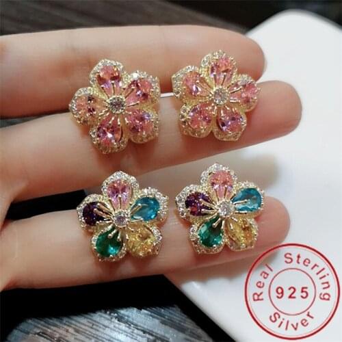 2019 Flower Stud Earrring AAAAA cz Real 925 sterling silver Bijou Luxury Wedding Stud Earrings for women Bridal Party Jewelry